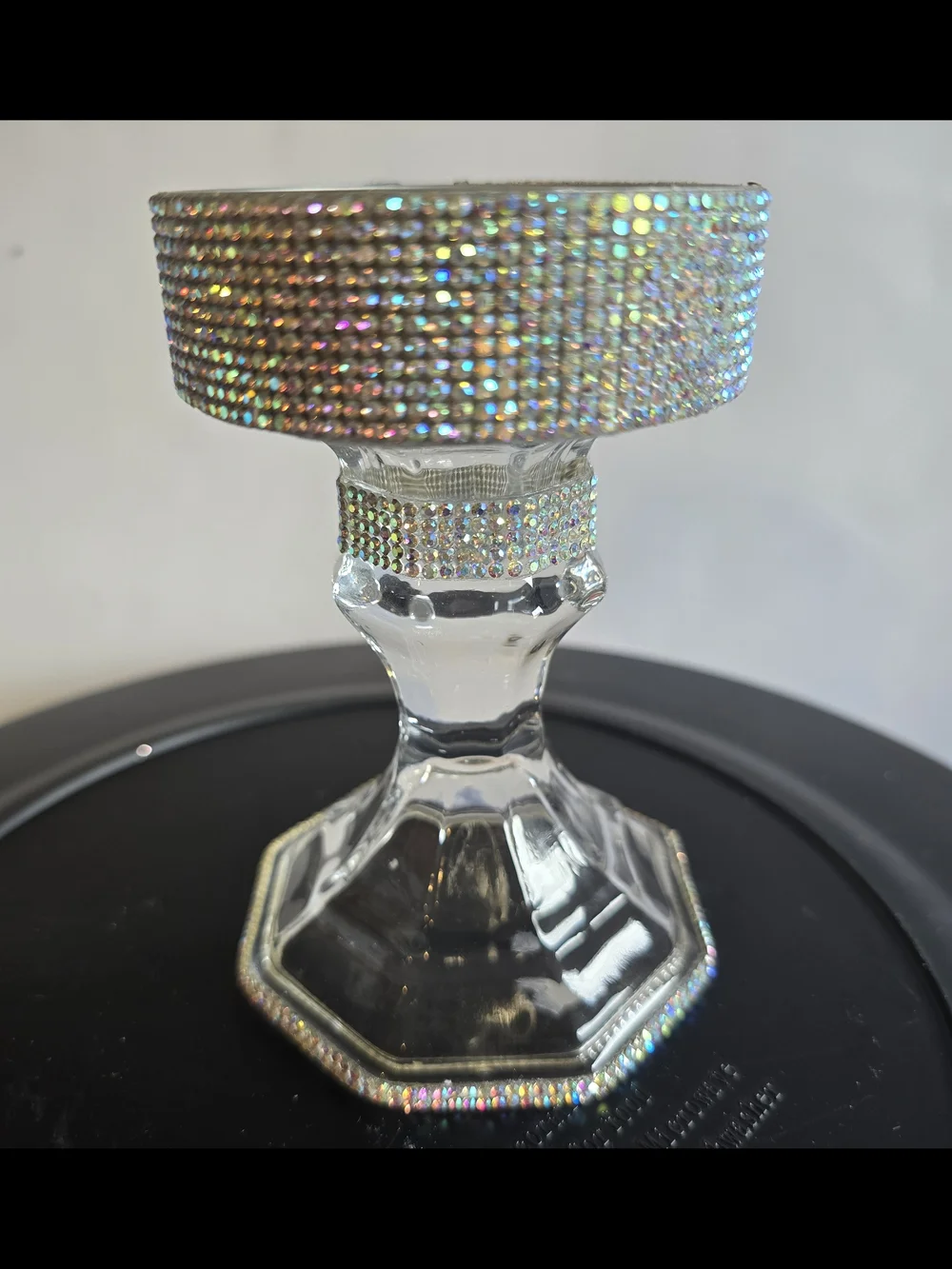 Glass Candle Holder with Iridescent Rhinestones New 5x3.5 Inch Handmade